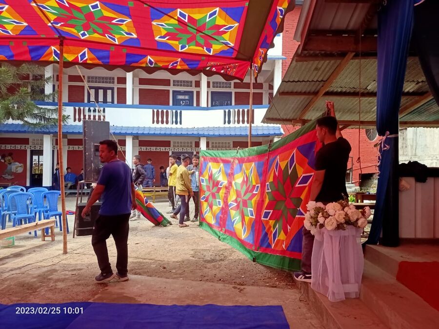 The campus pavilion decorated in bright colors for a school celebration.